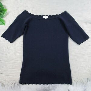 MINNIE ROSE Scalloped Hem Navy Blue Boatneck Knit Top Women's Size Small